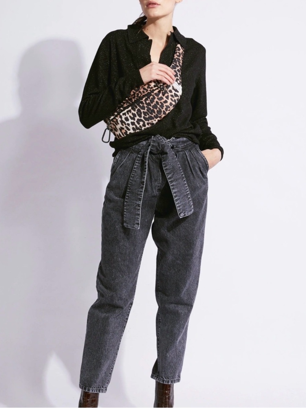 NWOT IRO Rep High Rise Paperbag Tie-Waist Jeans - Charcoal Black Wash